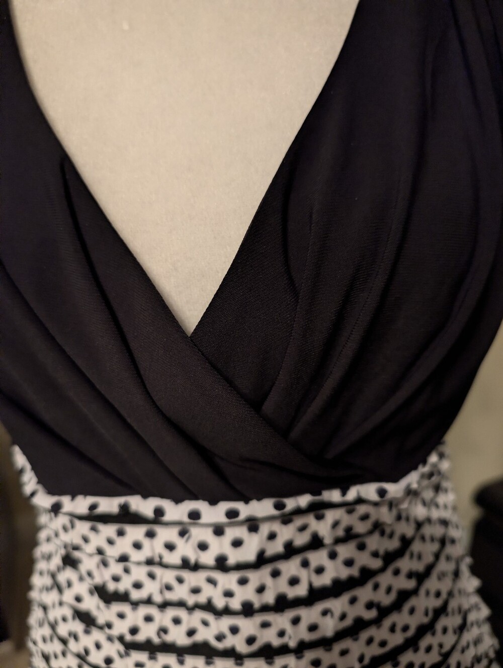 Ronni Nicole Black and White V-Neck Polka Dot Stripe Midi Dress - Picture 4 of 13